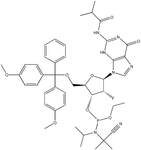 5'-O-[Bis(4-metoksifenil)fenilmetil]-2'-deoksi-2'-floro-N-(2-metil-1-oksopropil)guanozin 3'-[2-siyanoetil N,N-bis( 1-metiletil)fosforamidit]